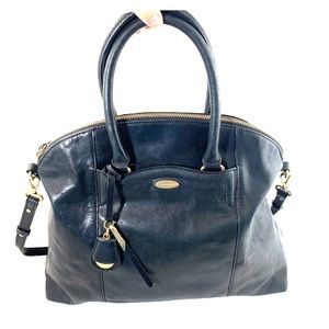 Tahari Large Black Leather Satchel Bag Gold Accent